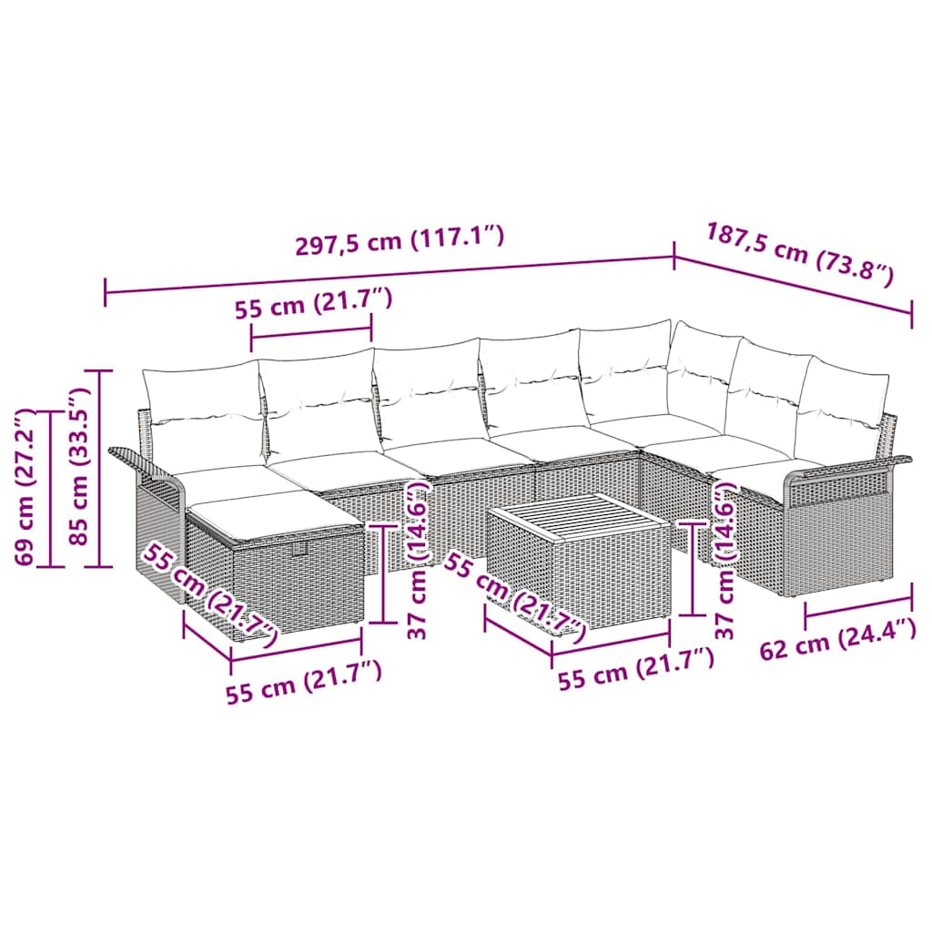Garten-Sofa-Set mit Kissen mit Speicher 9 pcs Beige Poly Rattan
